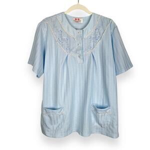 Vintage 80s 90s Embroidered Night Shirt Size L Pastel Blue Retro Lingerie Top